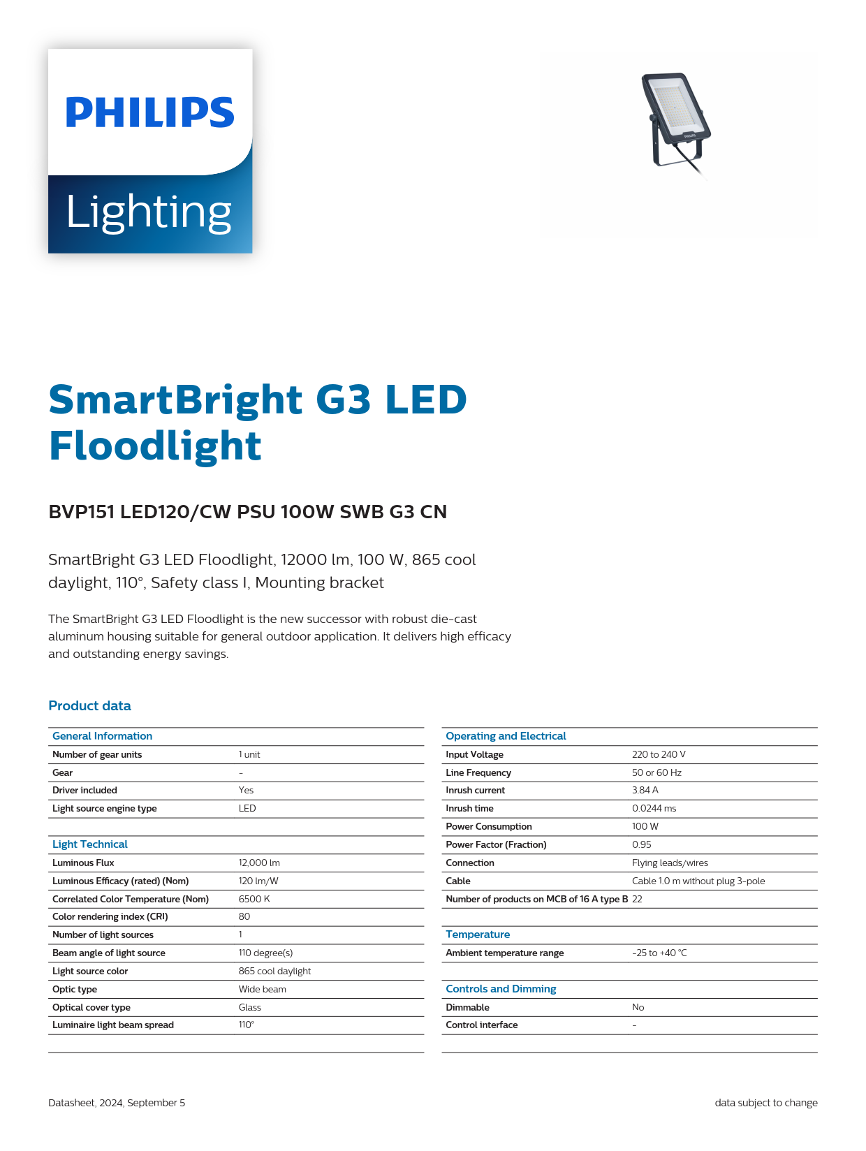 PHILIPS LED Flood Light BVP151 LED120/CW PSU 100W SWB G3 CN 911401866186