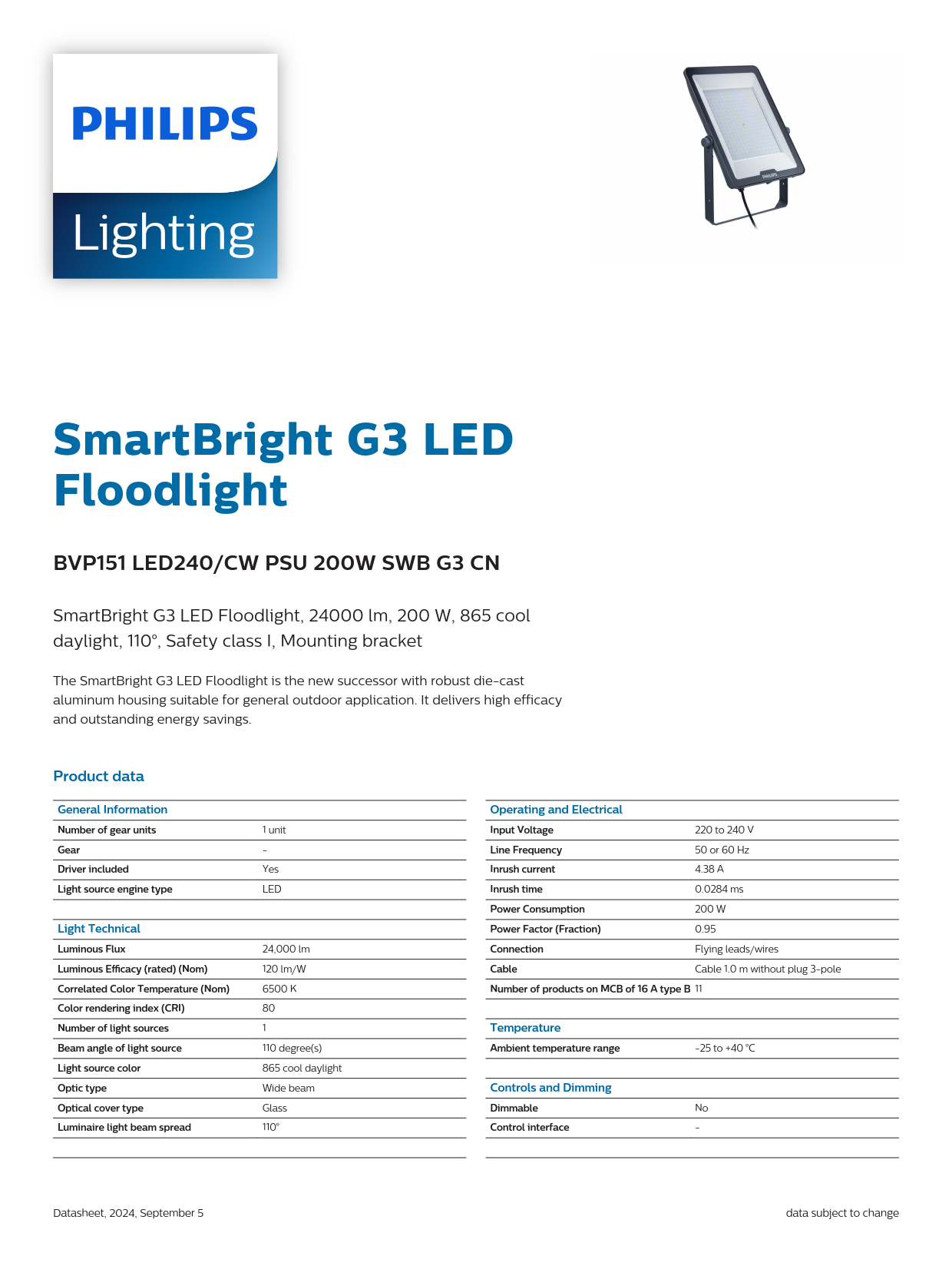 PHILIPS LED Flood Light BVP151 LED240/CW PSU 200W SWB G3 CN 911401868186