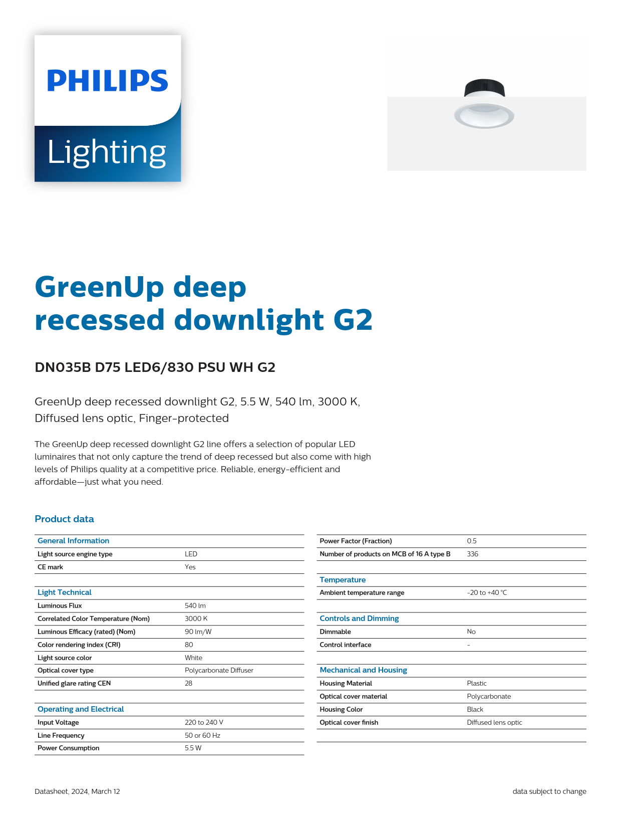 PHILIPS GreenUp deep recessed downlight DN035B D75 LED6 830 PSU WH G2 911401563643