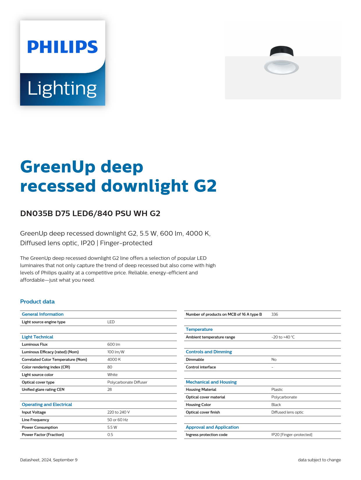 PHILIPS GreenUp deep recessed downlight DN035B D75 LED6 840 PSU WH G2 911401563743