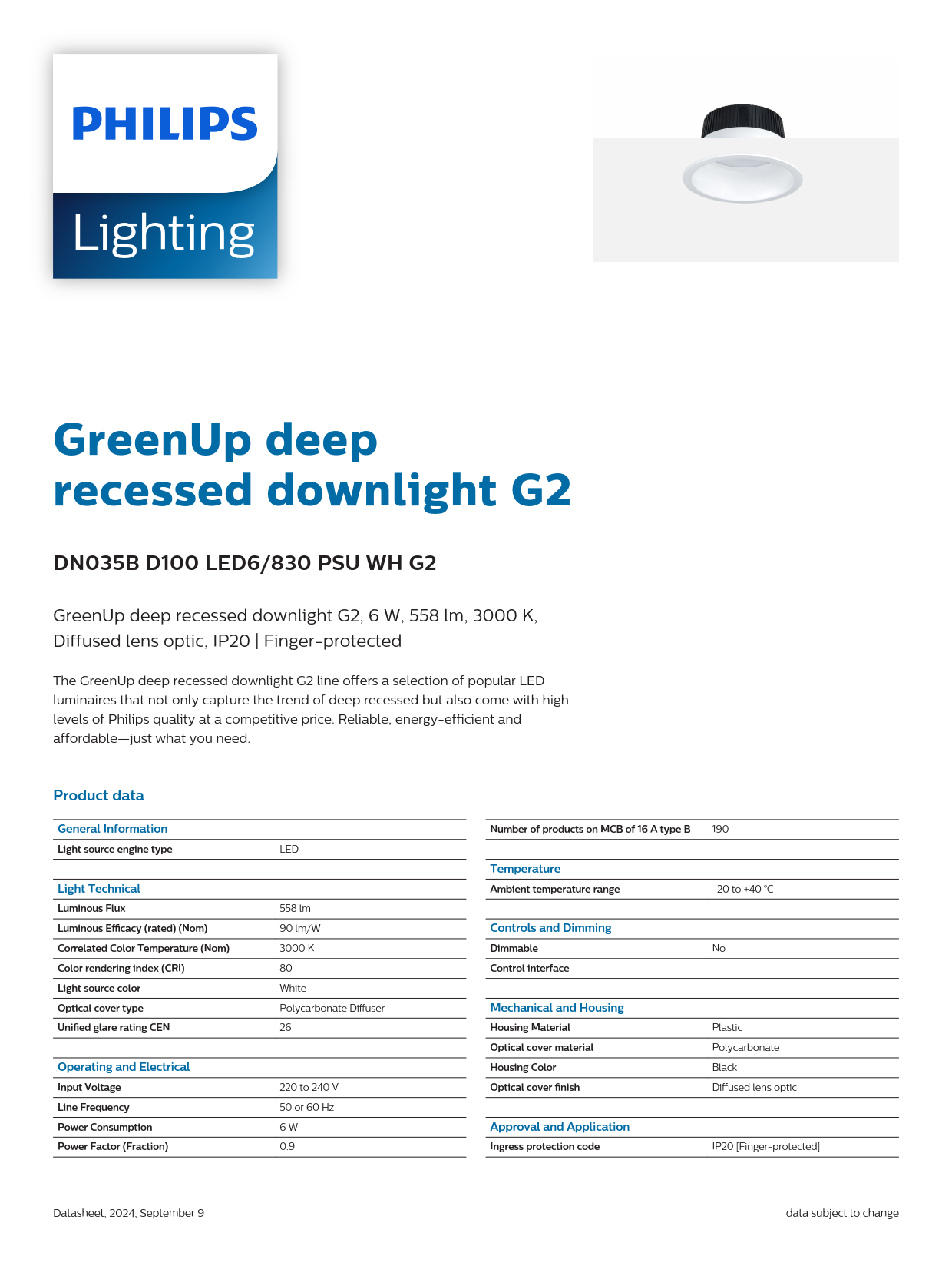 PHILIPS GreenUp deep recessed downlight DN035B D100 LED6 830 PSU WH G2 911401563943