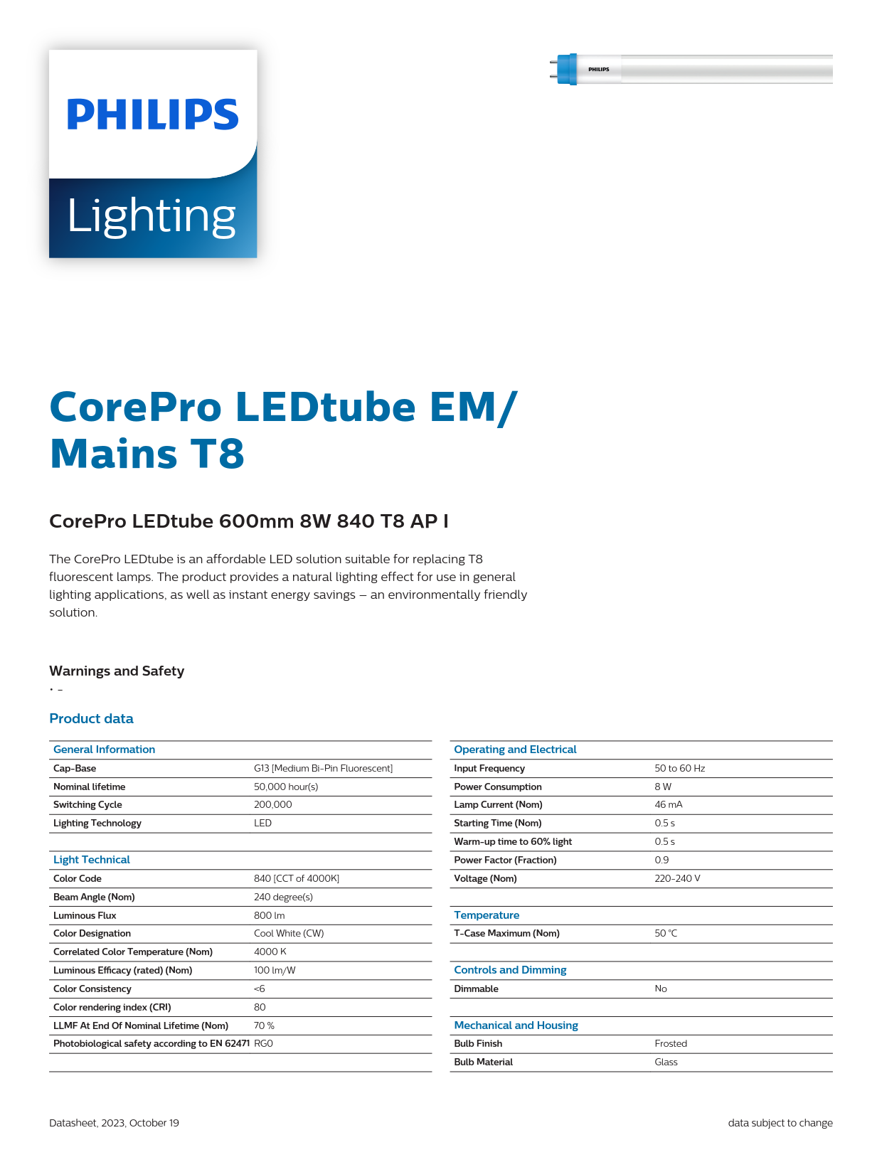 PHILIPS T8 LED tube CorePro LEDtube 600mm HO 8W 840 T8 CN 929003158610