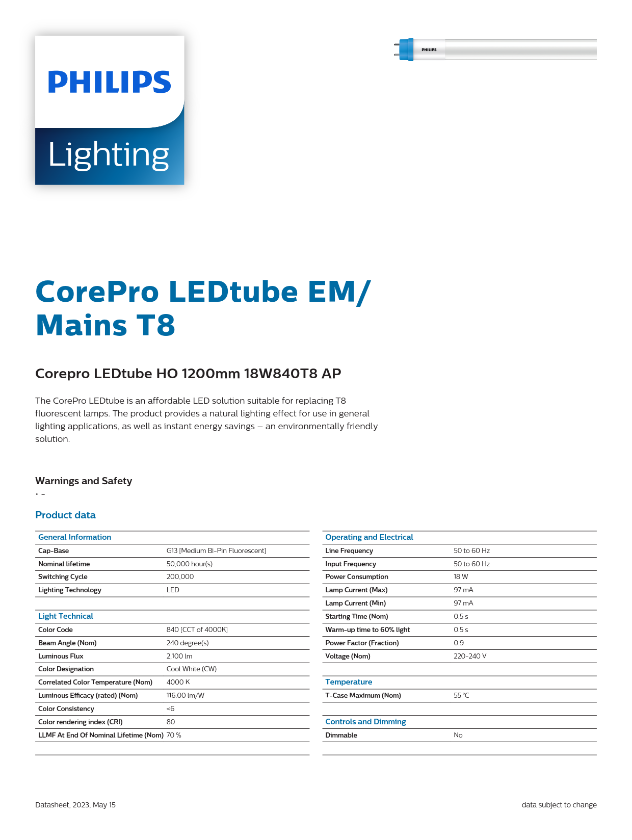 PHILIPS T8 LED tube Corepro LEDtube HO 1200mm 18W840T8 AP 929003520708