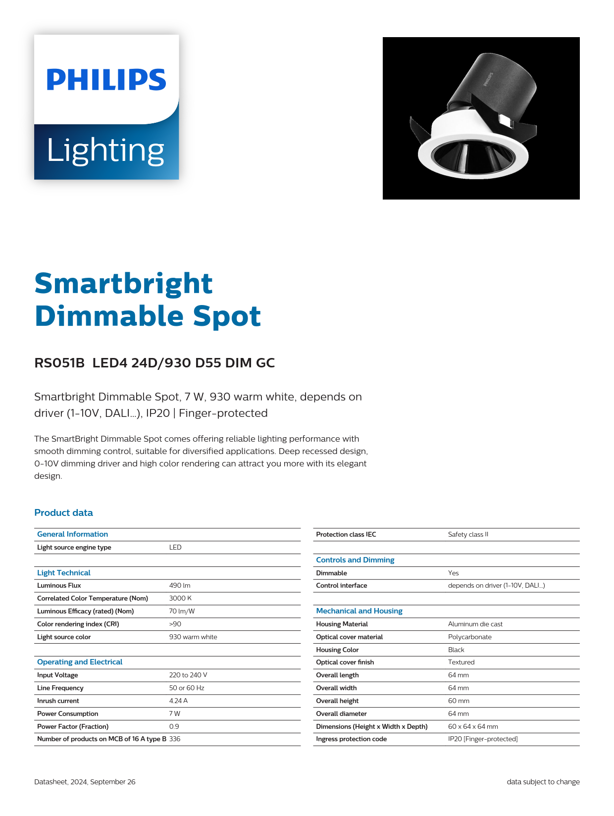 PHILIPS RS051B LED4 24D/930 D55 DIM GC Smartbright Dimmable Spot Light 911401830884