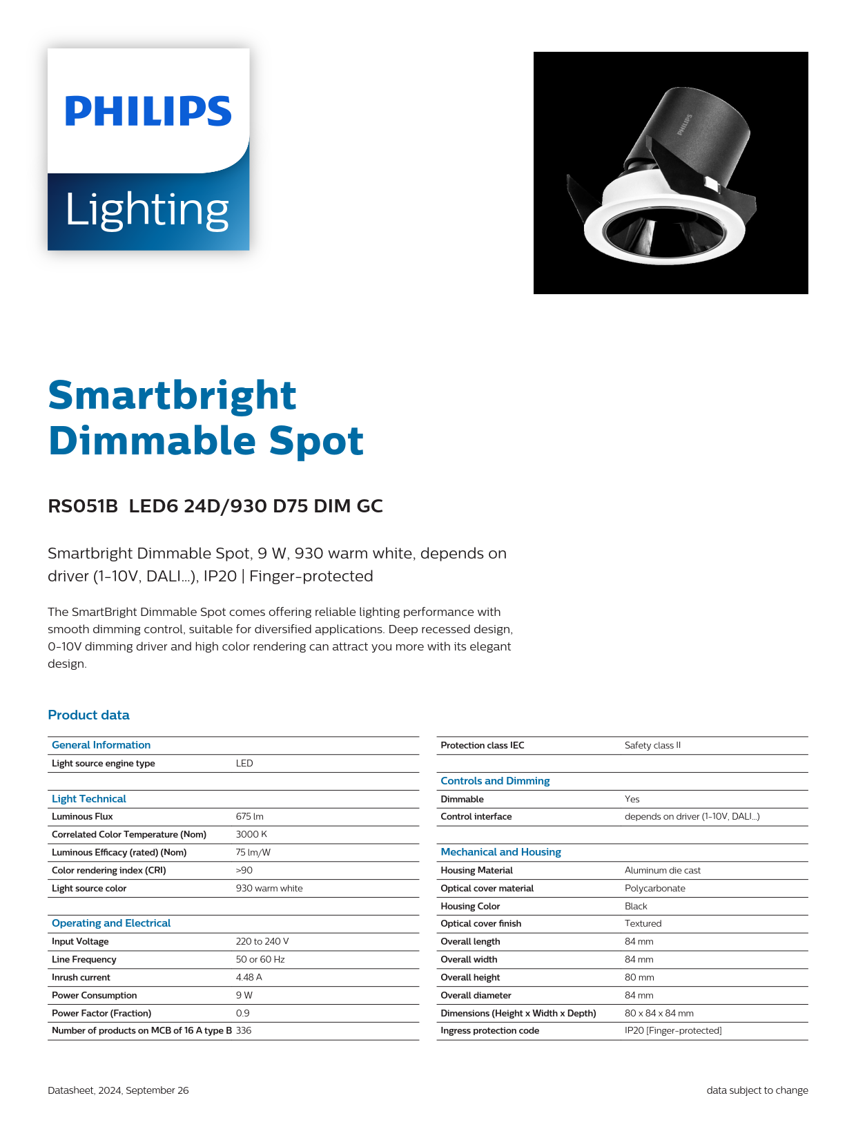 PHILIPS RS051B LED6 24D/930 D75 DIM GC Smartbright Dimmable Spot light 911401831684