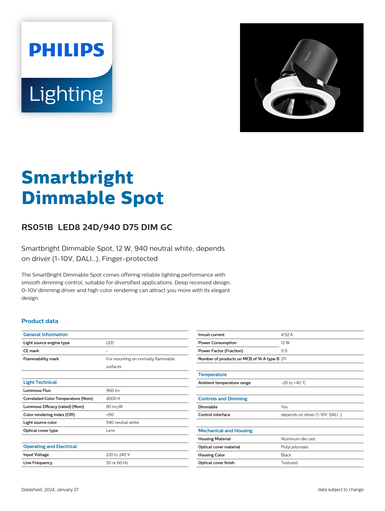 PHILIPS RS051B LED8 24D/940 D75 DIM GC Smartbright Dimmable Spot light 911401832484