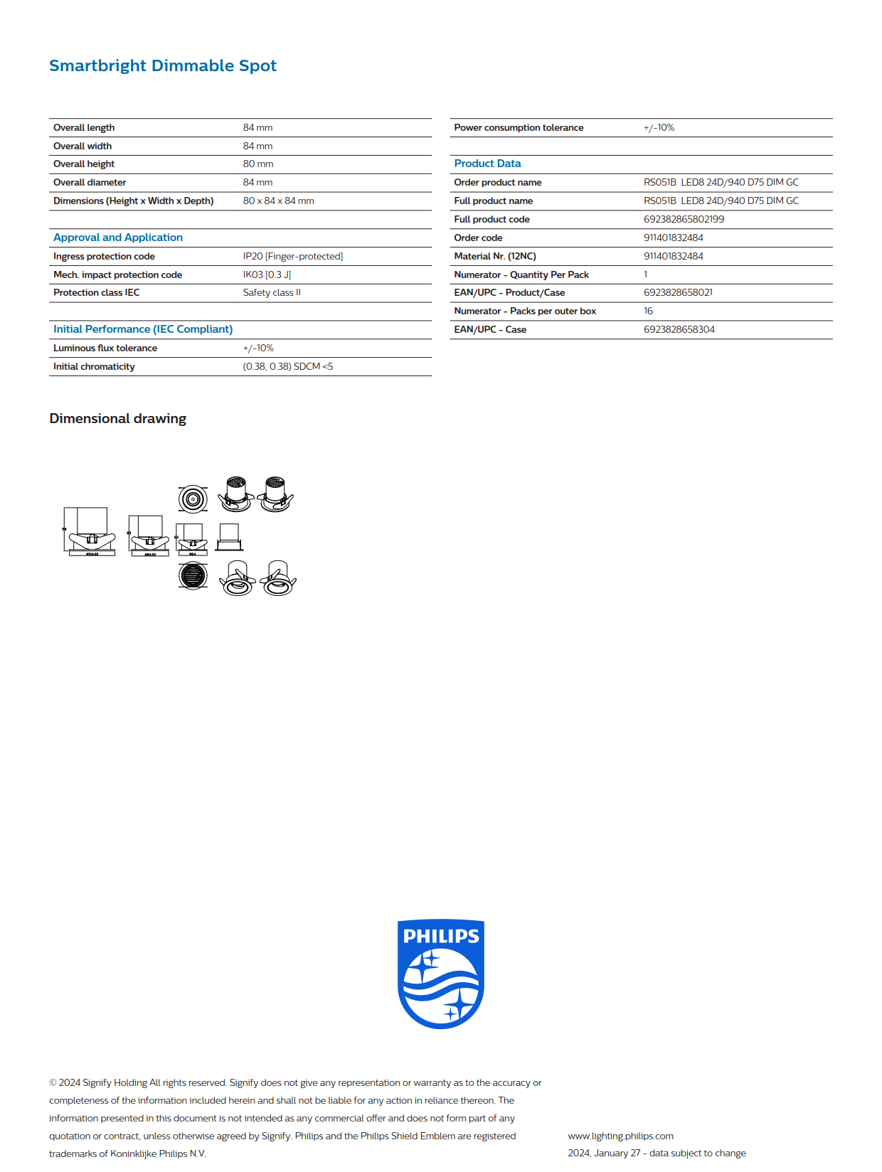 PHILIPS RS051B LED8 24D/940 D75 DIM GC Smartbright Dimmable Spot light 911401832484