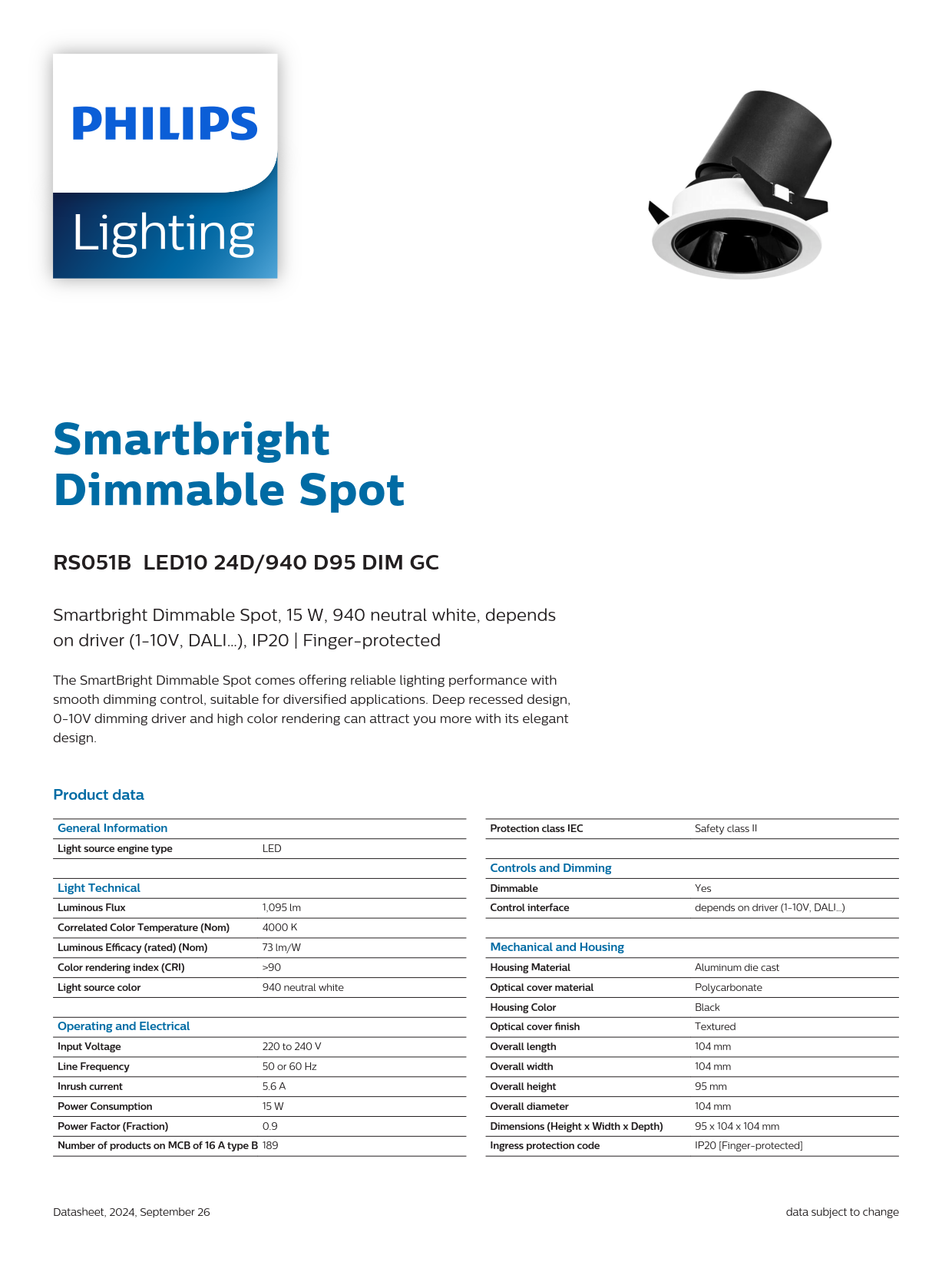 PHILIPS RS051B LED10 24D/940 D95 DIM GC Smartbright Dimmable Spot light 911401833084